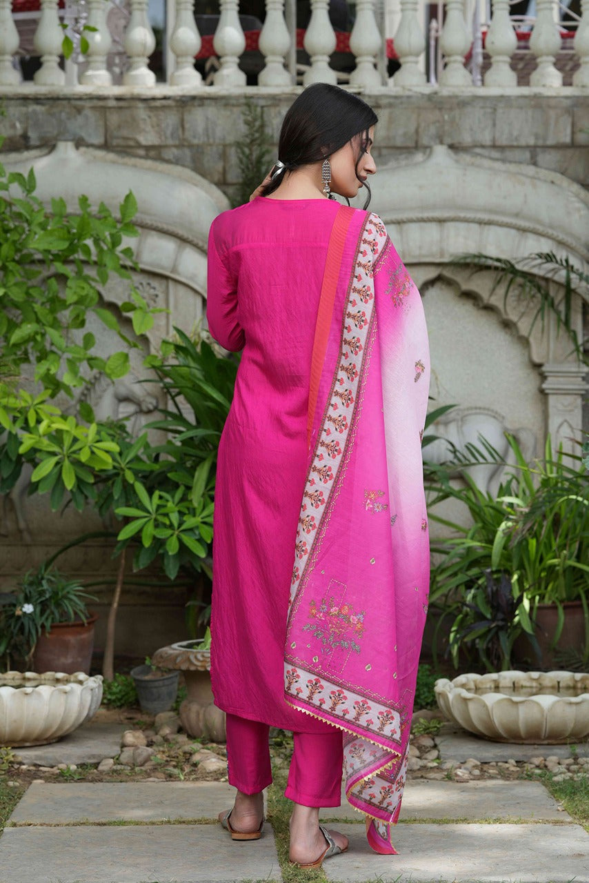 Juniper Fuchsia Mono Viscose Festive Wear Embroidered Straight Kurta Pant Dupatta Set | Grocsy