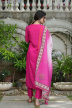 Juniper Fuchsia Mono Viscose Festive Wear Embroidered Straight Kurta Pant Dupatta Set | Grocsy