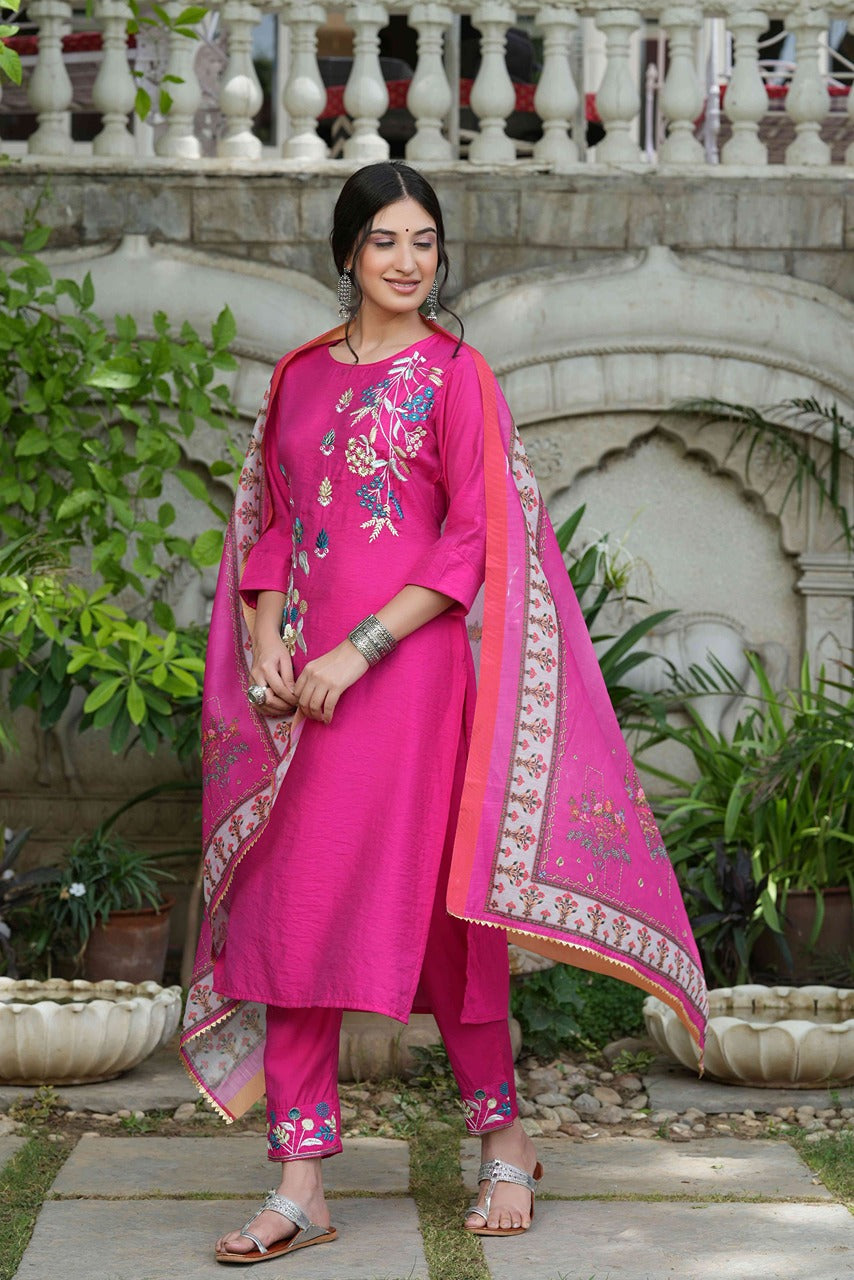 Juniper Fuchsia Mono Viscose Festive Wear Embroidered Straight Kurta Pant Dupatta Set | Grocsy