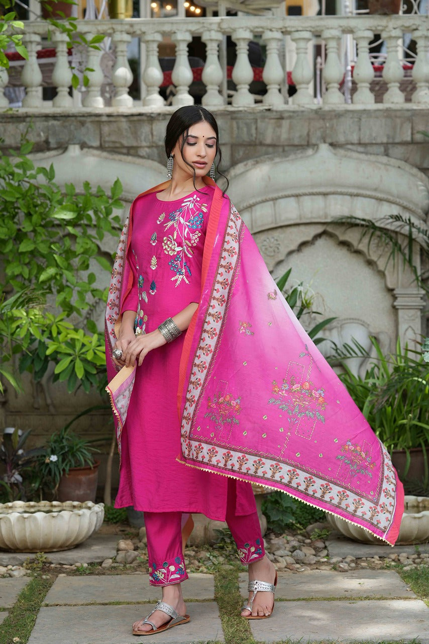 Juniper Fuchsia Mono Viscose Festive Wear Embroidered Straight Kurta Pant Dupatta Set | Grocsy