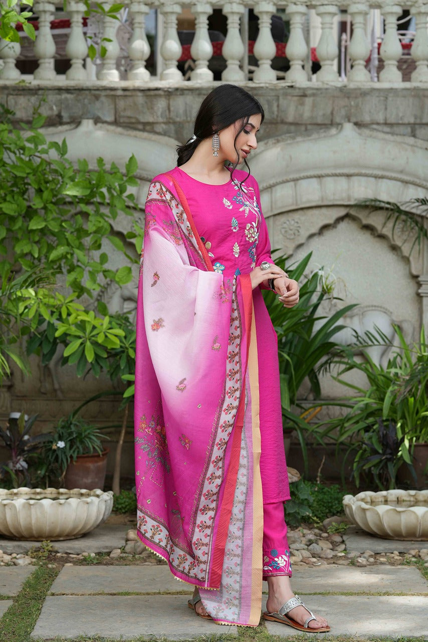 Juniper Fuchsia Mono Viscose Festive Wear Embroidered Straight Kurta Pant Dupatta Set | Grocsy