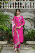Juniper Fuchsia Mono Viscose Festive Wear Embroidered Straight Kurta Pant Dupatta Set | Grocsy