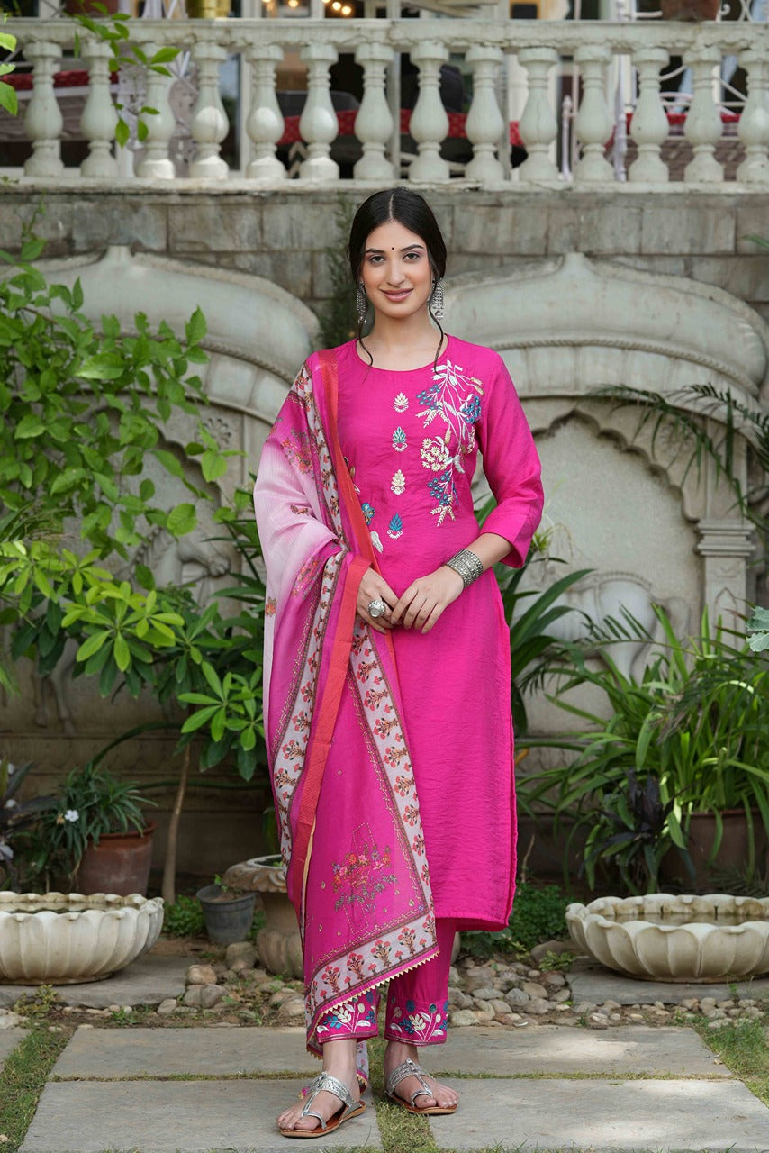 Juniper Fuchsia Mono Viscose Festive Wear Embroidered Straight Kurta Pant Dupatta Set | Grocsy