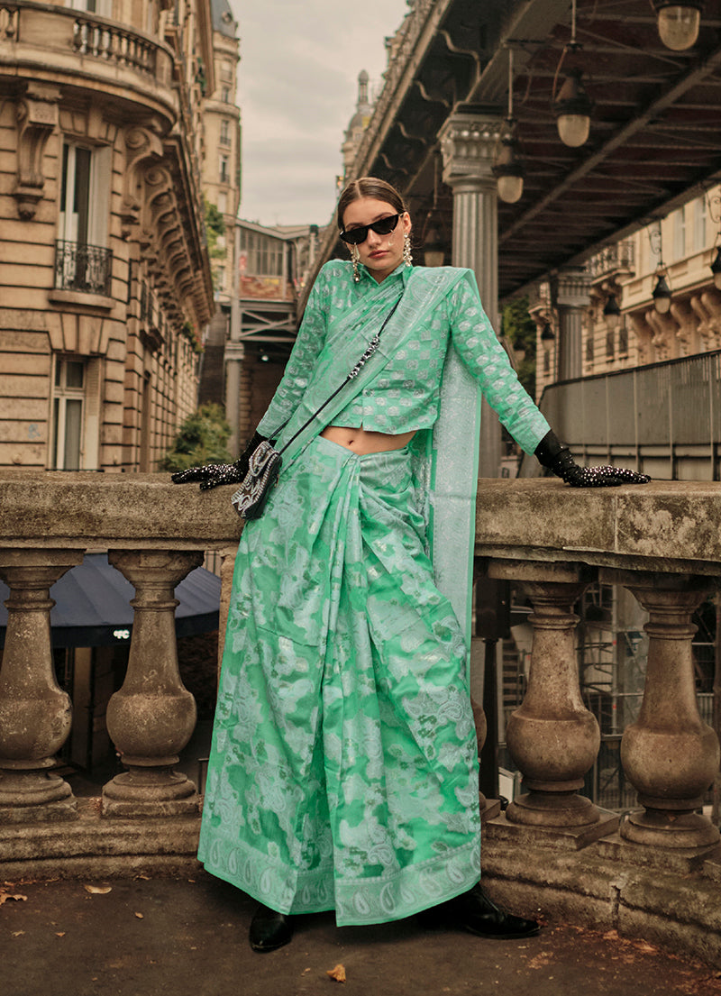 Monjolika Fashion Sea Green Color Lakhnavi Organza Weaving Work Saree With Blouse | Grocsy