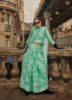Monjolika Fashion Sea Green Color Lakhnavi Organza Weaving Work Saree With Blouse | Grocsy