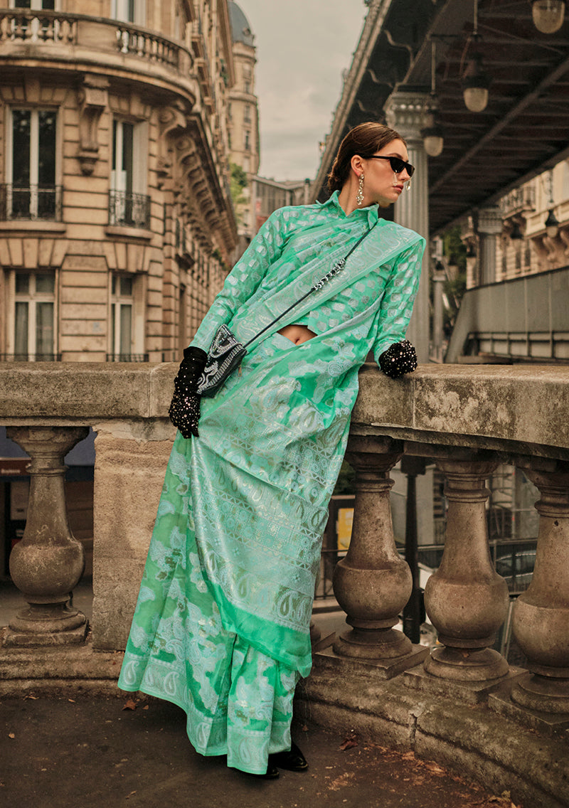 Monjolika Fashion Sea Green Color Lakhnavi Organza Weaving Work Saree With Blouse | Grocsy
