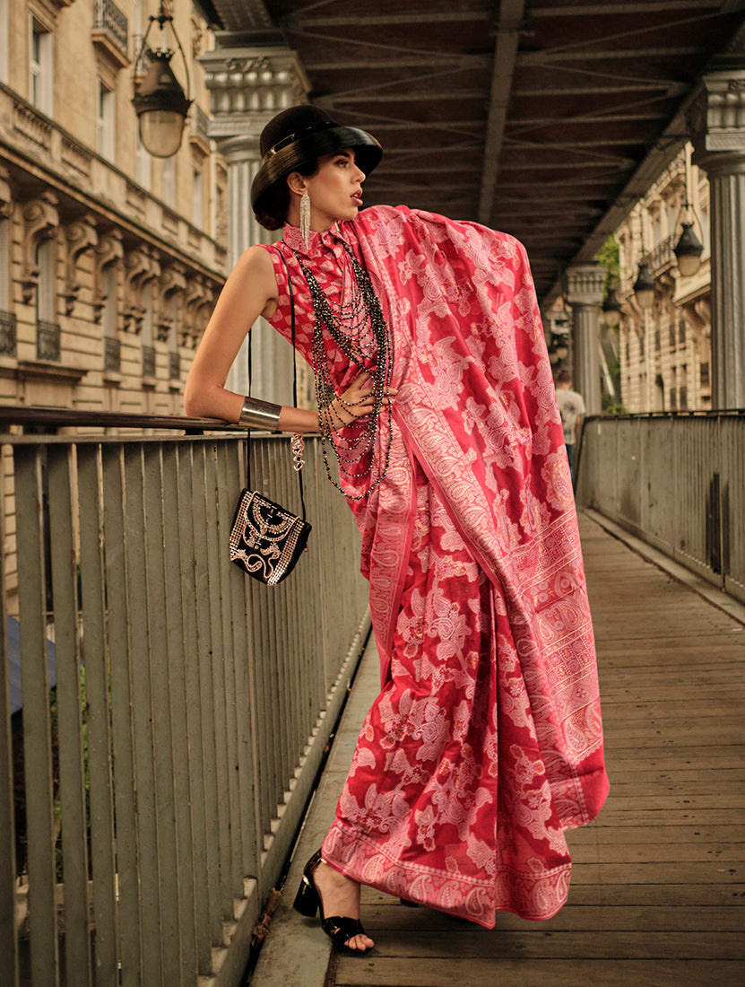 Monjolika Fashion Light Red Color Lakhnavi Organza Weaving Work Saree With Blouse | Grocsy