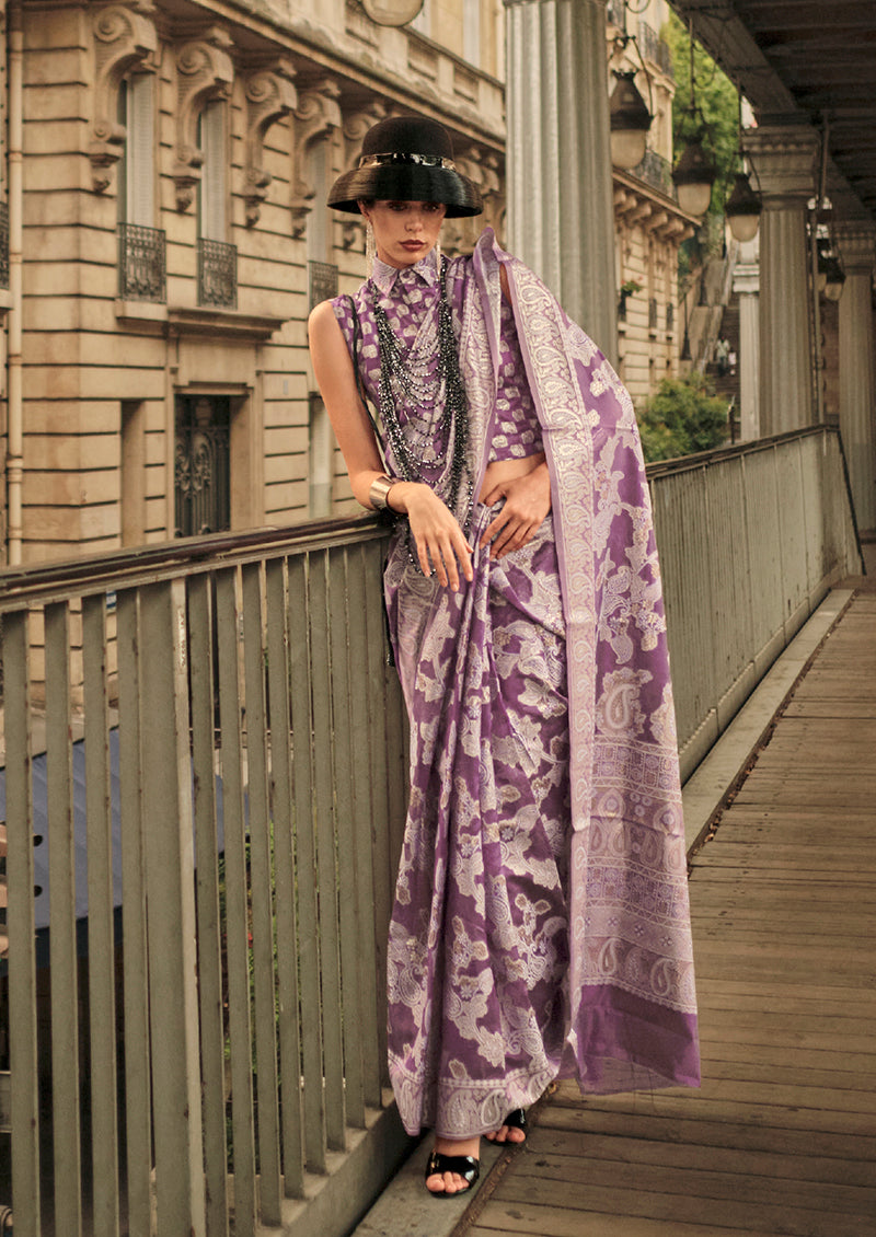 Monjolika Fashion Violet Color Lakhnavi Organza Weaving Work Saree With Blouse | Grocsy