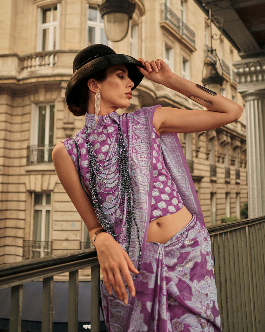 Monjolika Fashion Violet Color Lakhnavi Organza Weaving Work Saree With Blouse | Grocsy
