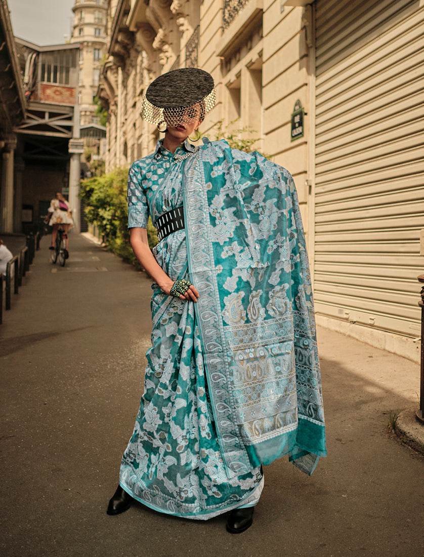 Monjolika Fashion Sky Blue Color Lakhnavi Organza Weaving Work Saree With Blouse | Grocsy