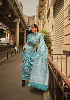 Monjolika Fashion Sky Blue Color Lakhnavi Organza Weaving Work Saree With Blouse | Grocsy
