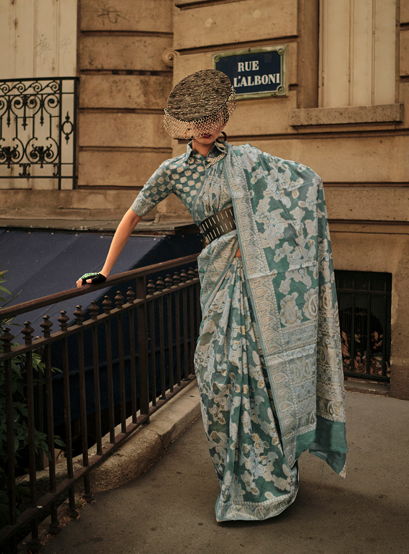 Monjolika Fashion Dusty Green Color Lakhnavi Organza Weaving Work Saree With Blouse | Grocsy
