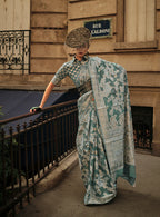 Monjolika Fashion Dusty Green Color Lakhnavi Organza Weaving Work Saree With Blouse | Grocsy