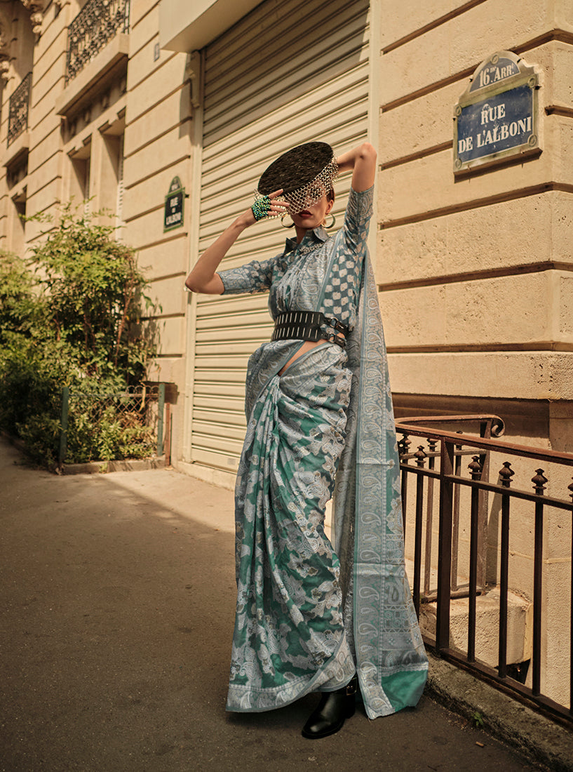 Monjolika Fashion Dusty Green Color Lakhnavi Organza Weaving Work Saree With Blouse | Grocsy