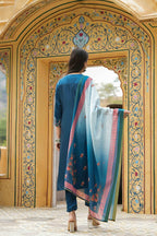 Juniper Women's Teal Satin Slub Straight Embroidered Kurta Sets | Grocsy