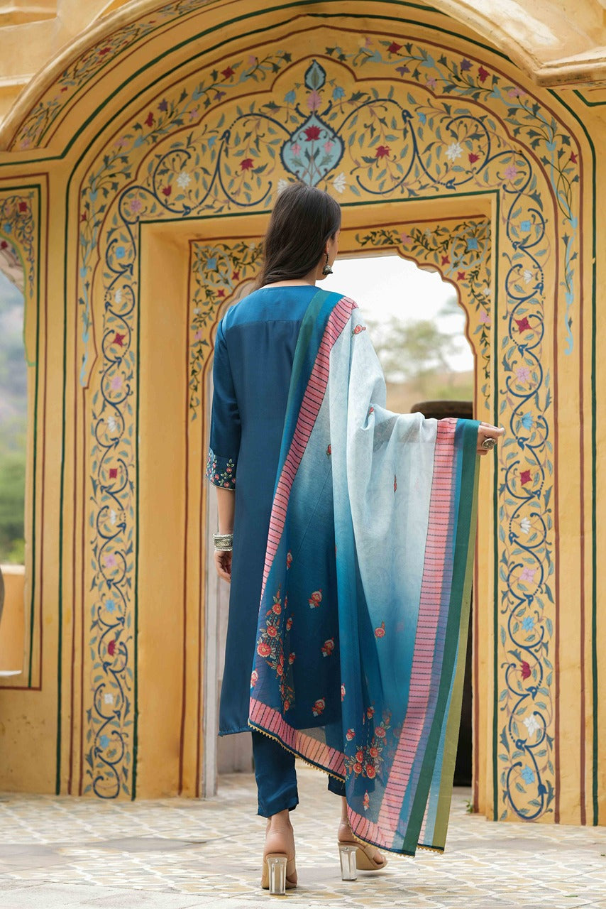 Juniper Women's Teal Satin Slub Straight Embroidered Kurta Sets | Grocsy