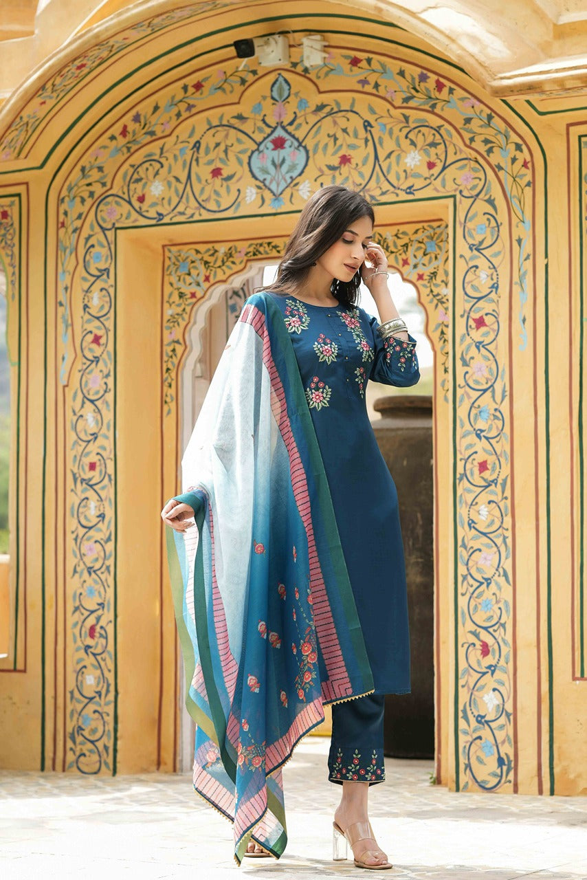 Juniper Women's Teal Satin Slub Straight Embroidered Kurta Sets | Grocsy