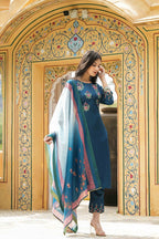 Juniper Women's Teal Satin Slub Straight Embroidered Kurta Sets | Grocsy
