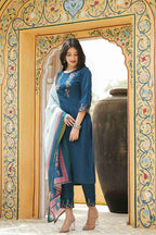 Juniper Women's Teal Satin Slub Straight Embroidered Kurta Sets | Grocsy