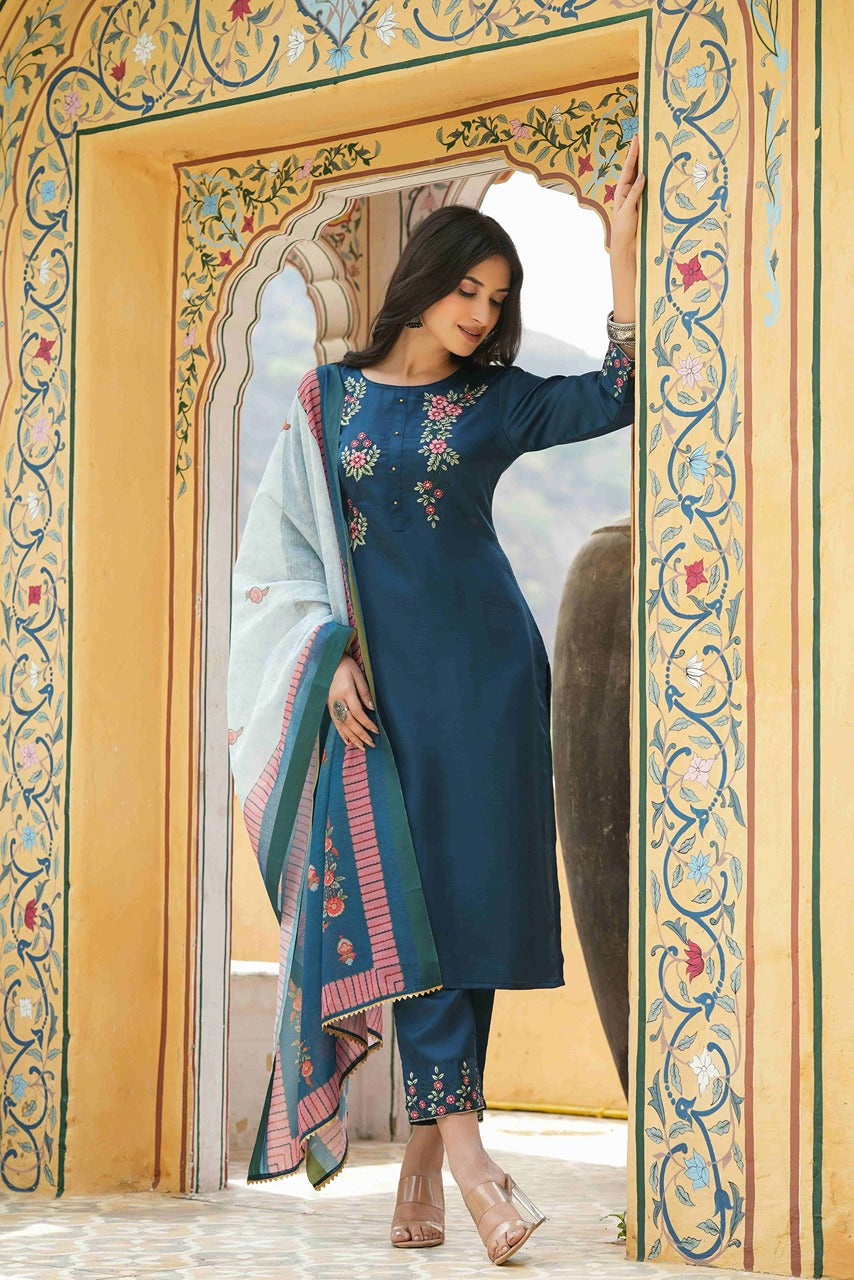 Juniper Women's Teal Satin Slub Straight Embroidered Kurta Sets | Grocsy