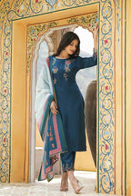 Juniper Women's Teal Satin Slub Straight Embroidered Kurta Sets | Grocsy