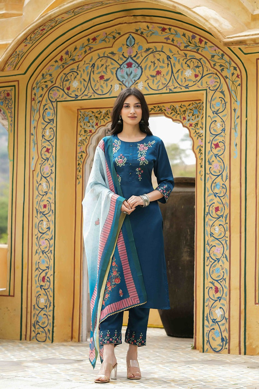 Juniper Women's Teal Satin Slub Straight Embroidered Kurta Sets | Grocsy