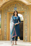 Juniper Women's Teal Satin Slub Straight Embroidered Kurta Sets | Grocsy