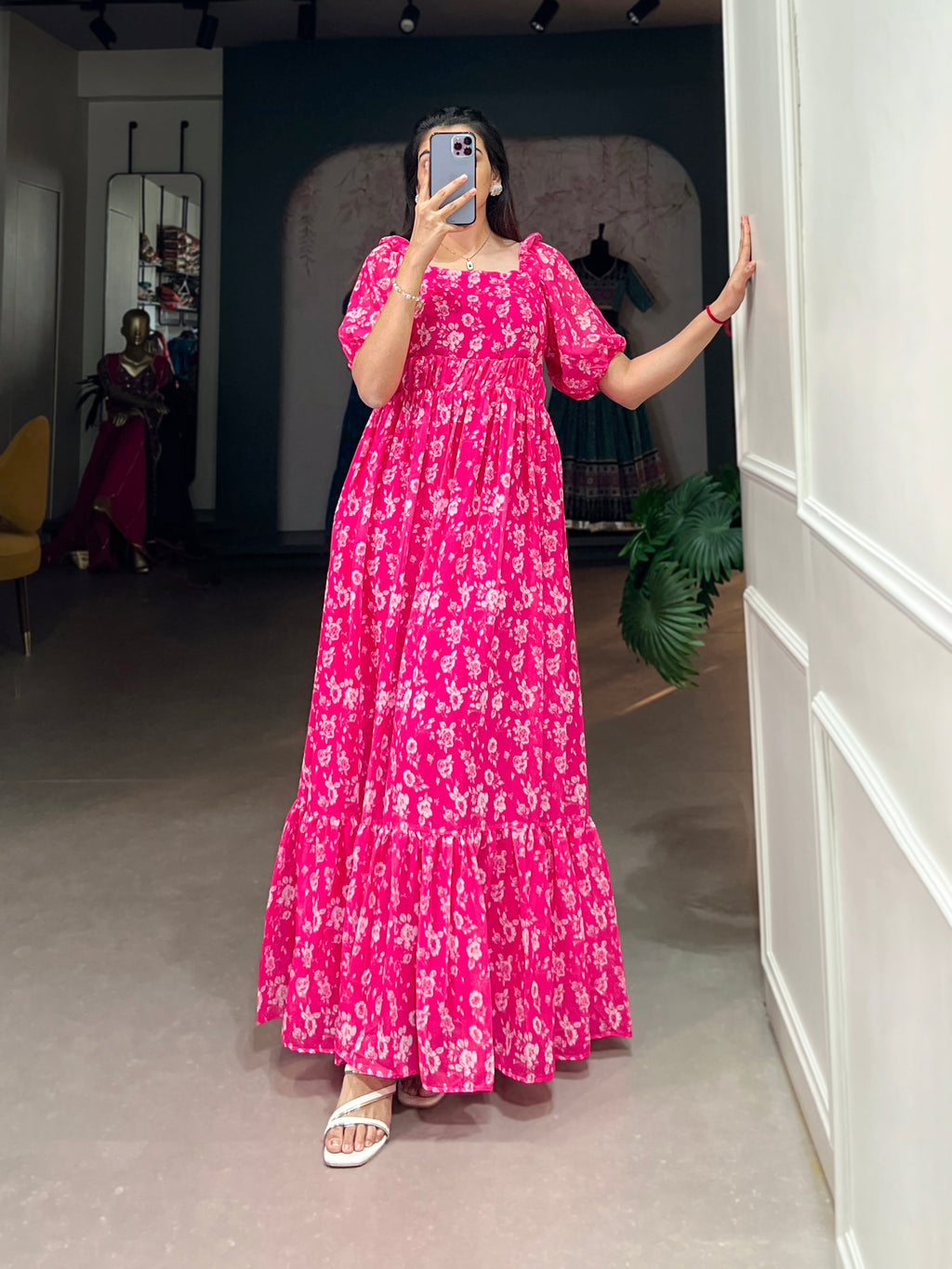Lorenvalley Pink Georgette Floral Print Gown | Grocsy
