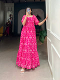 Lorenvalley Pink Georgette Floral Print Gown | Grocsy