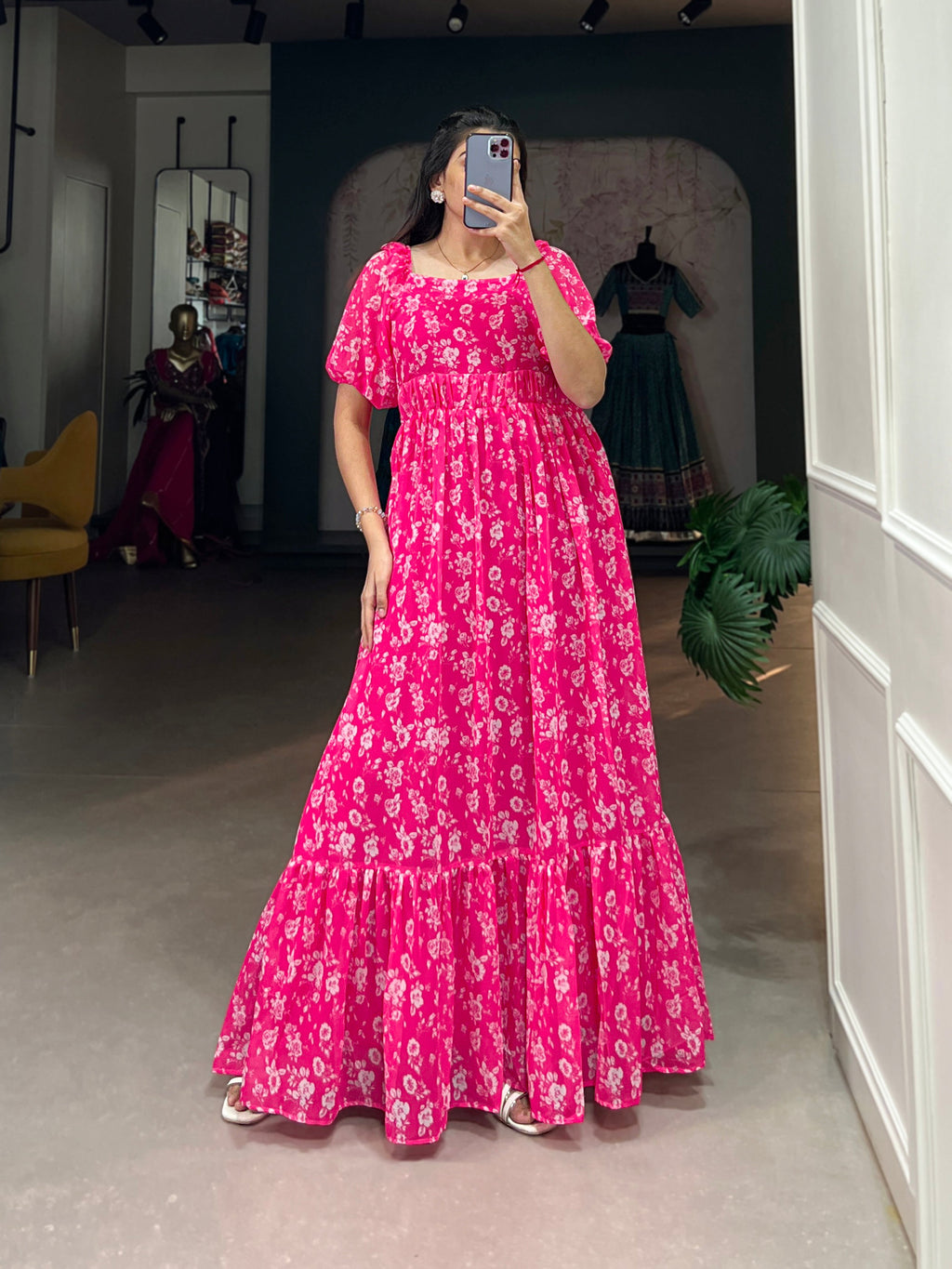 Lorenvalley Pink Georgette Floral Print Gown | Grocsy