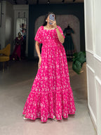 Lorenvalley Pink Georgette Floral Print Gown | Grocsy