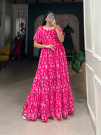 Lorenvalley Pink Georgette Floral Print Gown | Grocsy
