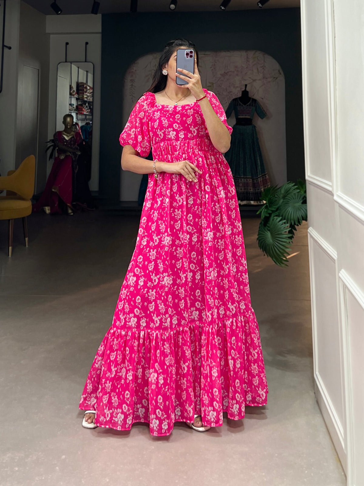 Lorenvalley Pink Georgette Floral Print Gown | Grocsy