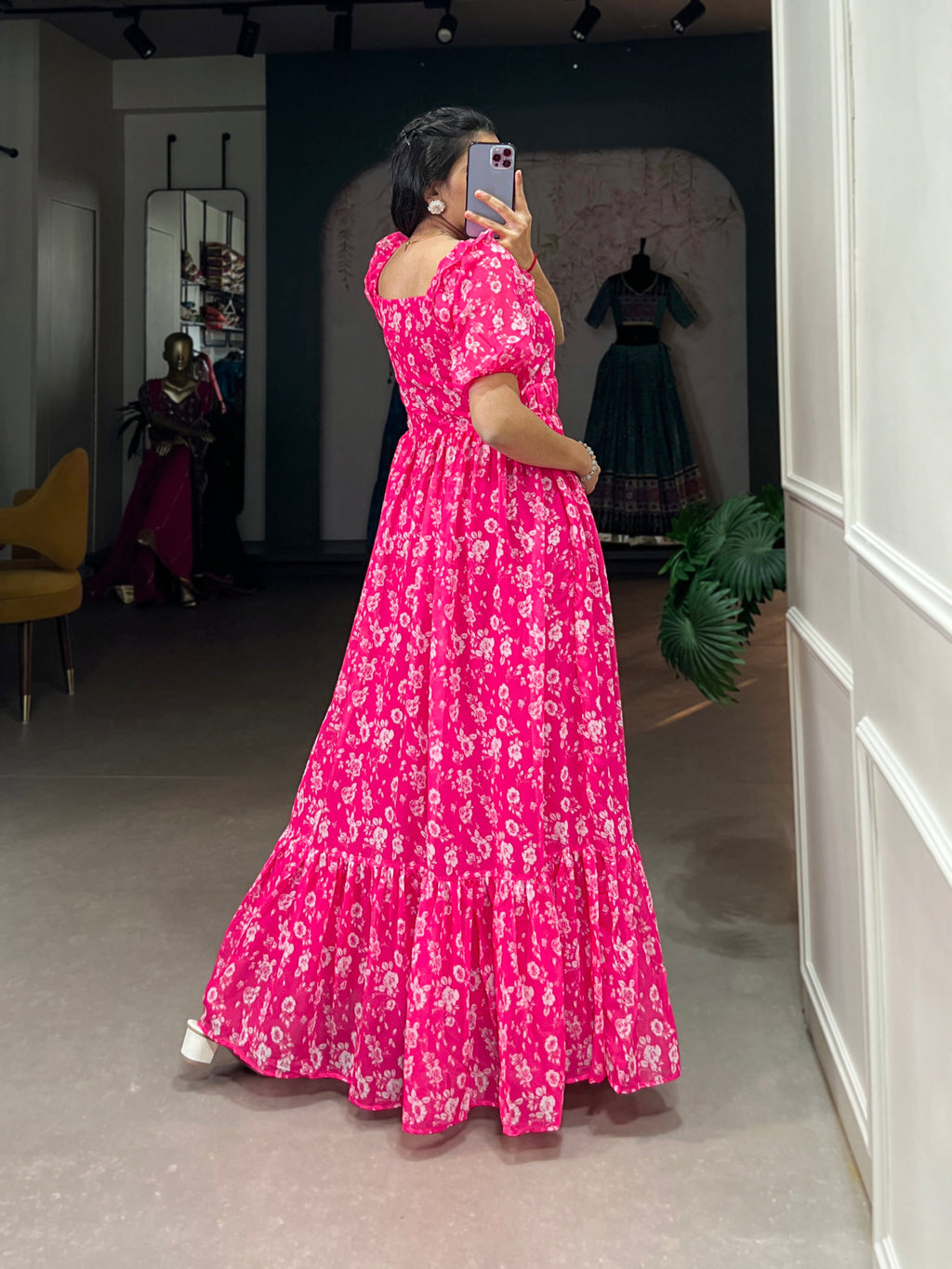 Lorenvalley Pink Georgette Floral Print Gown | Grocsy