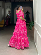 Lorenvalley Pink Georgette Floral Print Gown | Grocsy