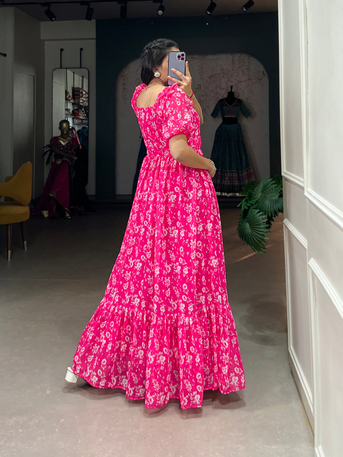 Lorenvalley Pink Georgette Floral Print Gown | Grocsy