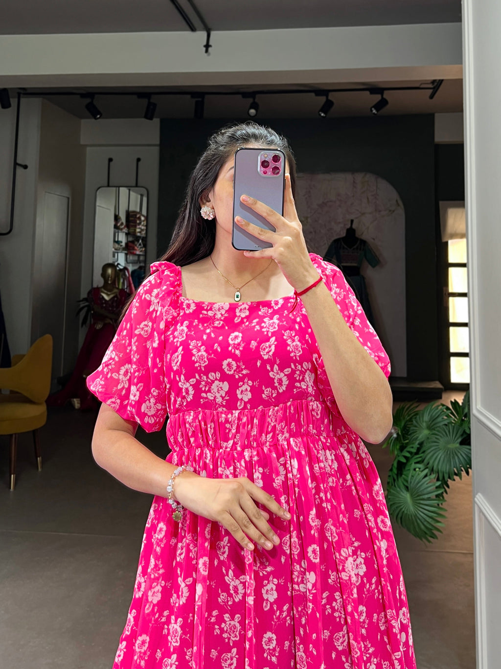 Lorenvalley Pink Georgette Floral Print Gown | Grocsy