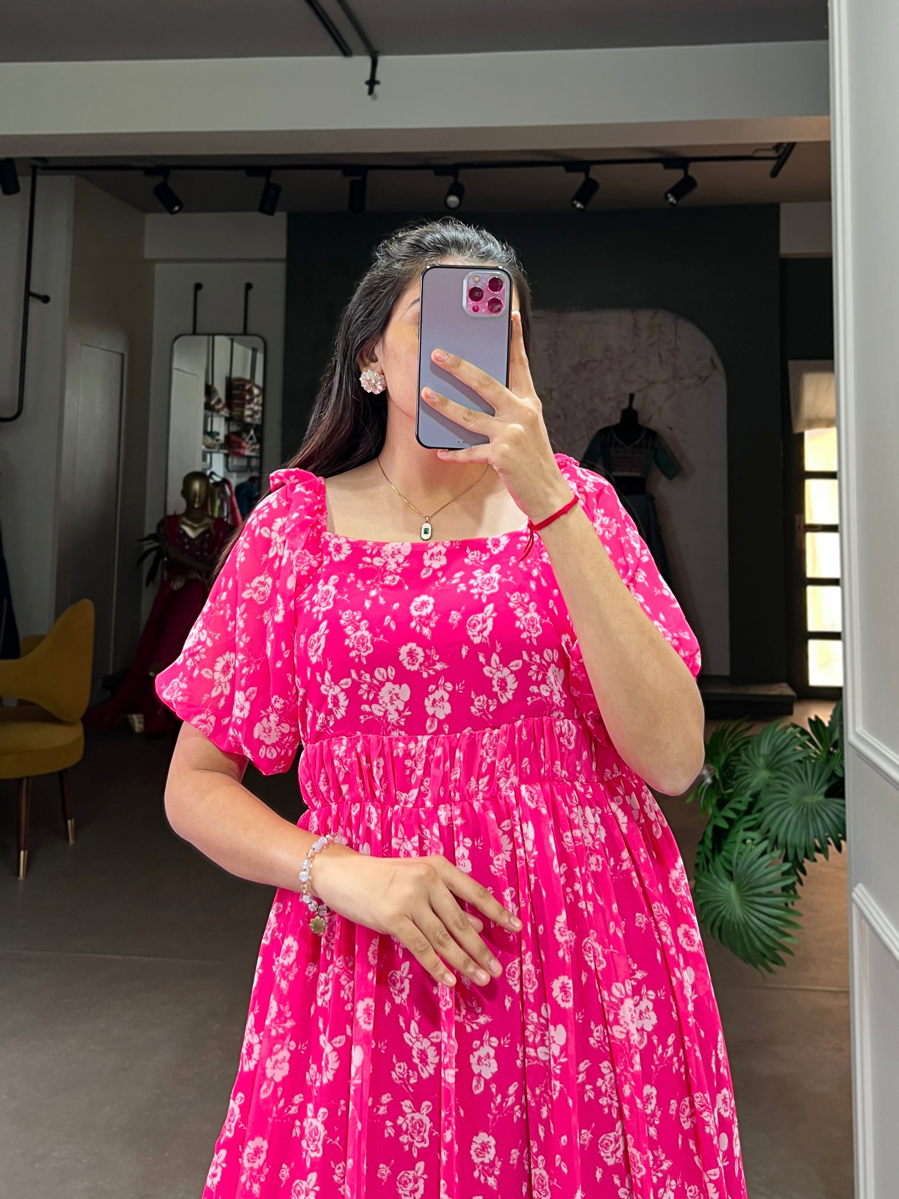 Lorenvalley Pink Georgette Floral Print Gown | Grocsy
