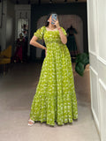 Lorenvalley Parrot green Georgette Floral Print Gown | Grocsy