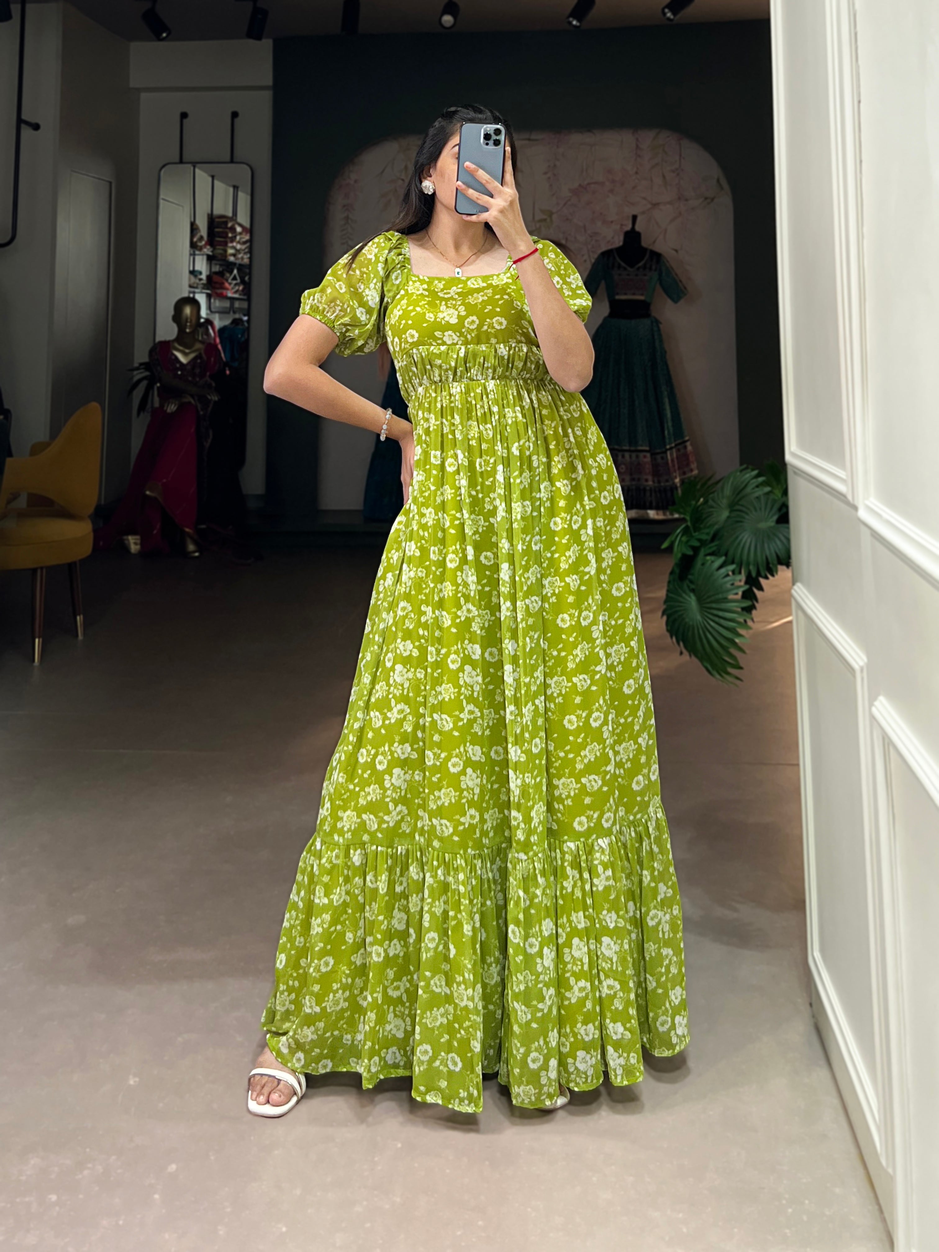 Lorenvalley Parrot green Georgette Floral Print Gown | Grocsy