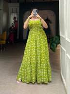 Lorenvalley Parrot green Georgette Floral Print Gown | Grocsy
