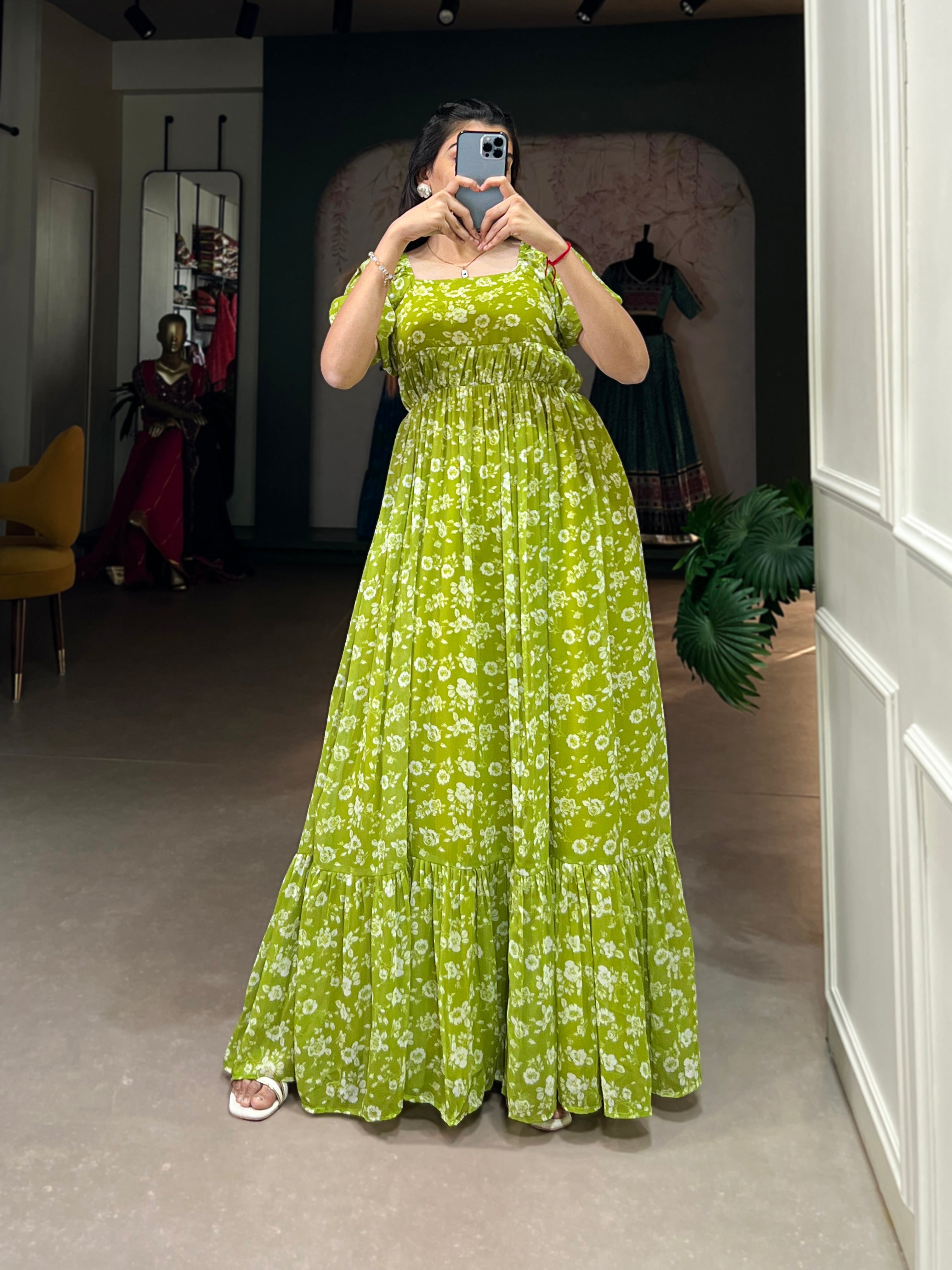 Lorenvalley Parrot green Georgette Floral Print Gown | Grocsy