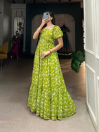 Lorenvalley Parrot green Georgette Floral Print Gown | Grocsy