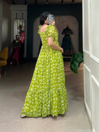 Lorenvalley Parrot green Georgette Floral Print Gown | Grocsy