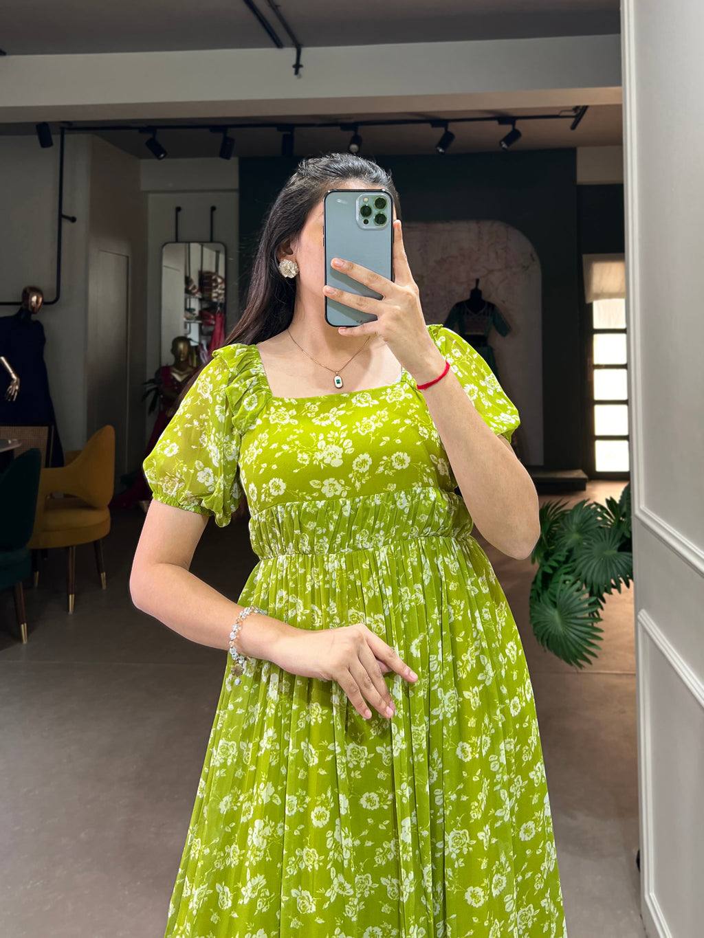 Lorenvalley Parrot green Georgette Floral Print Gown | Grocsy