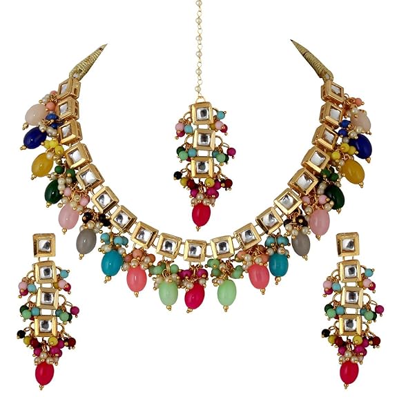 Tehzeeb Creations Back Meenakari Gold-Polished Square Shape Tika Earring Jewellery Set Uncut Kundan Big Faux Kundan Dibbi Kundan Choker Necklace Set | Grocsy