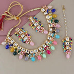 Tehzeeb Creations Back Meenakari Gold-Polished Square Shape Tika Earring Jewellery Set Uncut Kundan Big Faux Kundan Dibbi Kundan Choker Necklace Set | Grocsy