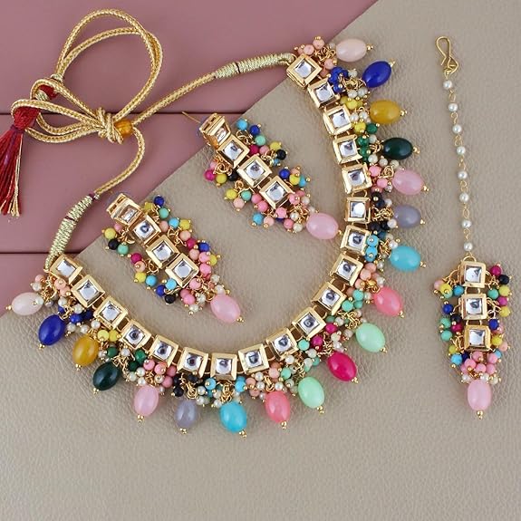 Tehzeeb Creations Back Meenakari Gold-Polished Square Shape Tika Earring Jewellery Set Uncut Kundan Big Faux Kundan Dibbi Kundan Choker Necklace Set | Grocsy
