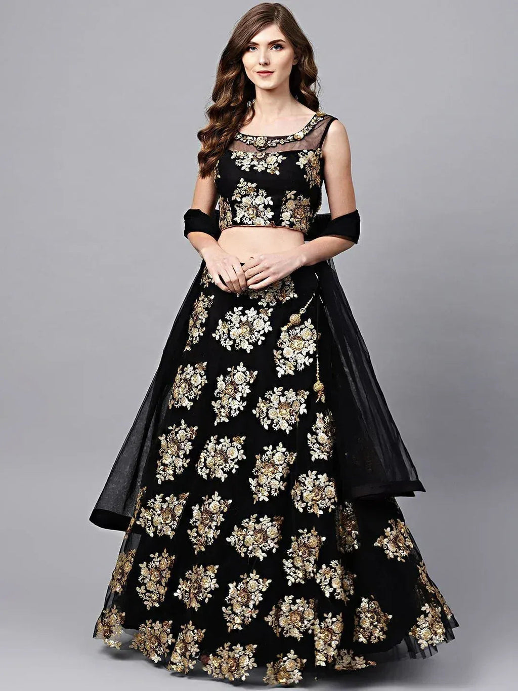 Tulsi Art Black Floral Golden Sequins Work Net Fabric Party Wear Lehenga Choli | Grocsy