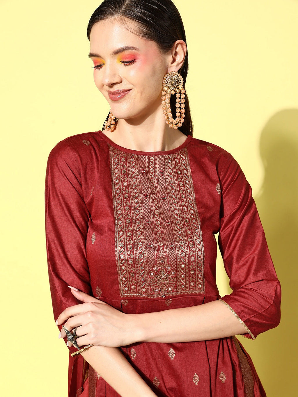 Sangria Floral Yoke Design Pleated Mirror Work Chanderi Silk Kurta with Trousers | Grocsy